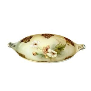 Vtg Antique RS Germany Celery Trinket Dish Bowl Handles Gold Trim Floral Oval